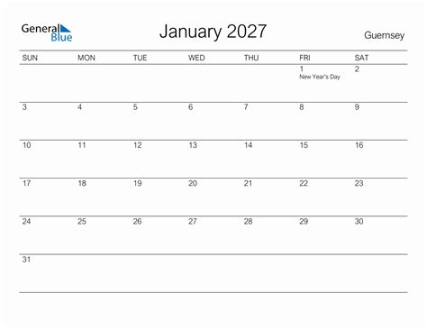 Printable January 2027 Monthly Calendar With Holidays For Guernsey