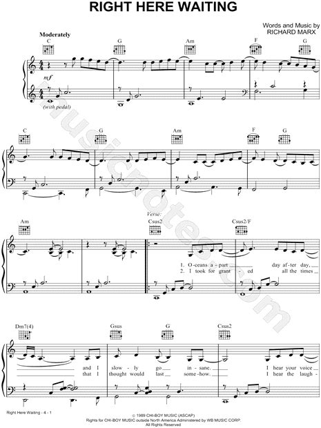 Richard Marx Right Here Waiting Sheet Music In C Major Transposable