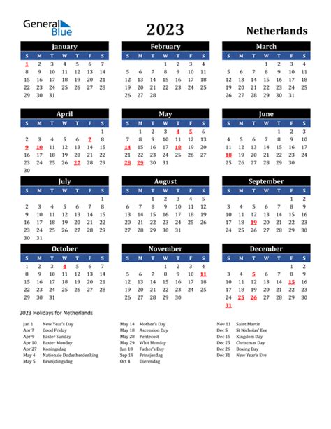 2023 Netherlands Calendar With Holidays