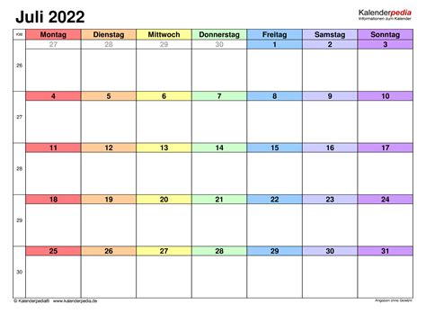 Das aktuelle kalenderblatt für den 20. Kalender Juli 2022 als Word-Vorlagen