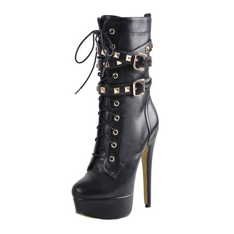 women s mid calf platform boots high heel stiletto lace up punk rivet buckle zip ebay