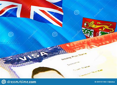Fiji Immigration Document Close Up Passport Visa On Fiji Flag Fiji