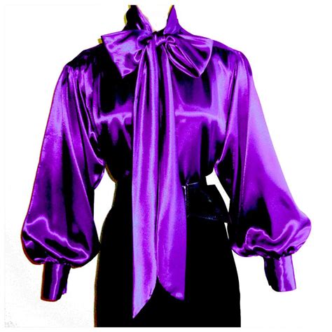 Purple Shiny Liquid Satin High Neck Bow Blouse Vtg Usa Top S M L X X