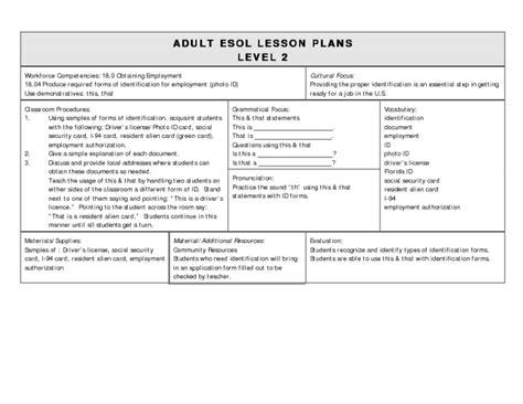 Basic skills esol workbook entry one. ADULT ESOL LESSON PLANS--Level 2--Obtaining Employment Lesson Plan for Higher Ed | Lesson Planet
