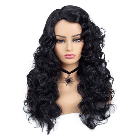 Women Black Long Wavy Curly Wig Heat Resistant Synthetic Hair Side Part