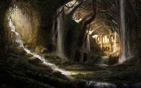 Wallpaper Sunlight Forest Waterfall Fantasy Art