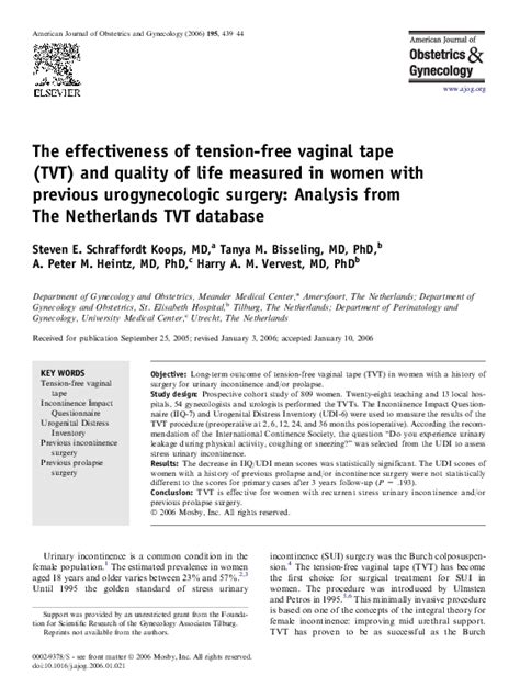 Pdf The Effectiveness Of Tension Free Vaginal Tape Tvt And Quality Of Life Measured In Women