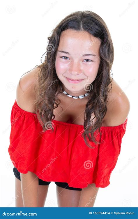Happy Cheerful Teenager Girl Smiling Looking At Camera Posing Under