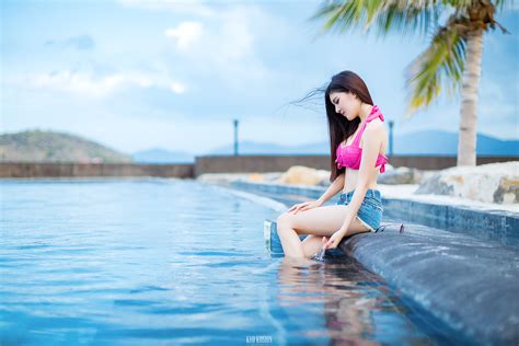 Wallpaper Women Asian Sitting Jean Shorts Swimming Pool 2048x1366
