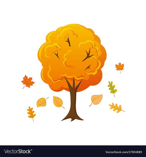 Cartoon Style Autumn Tree With Leaves Falling Down