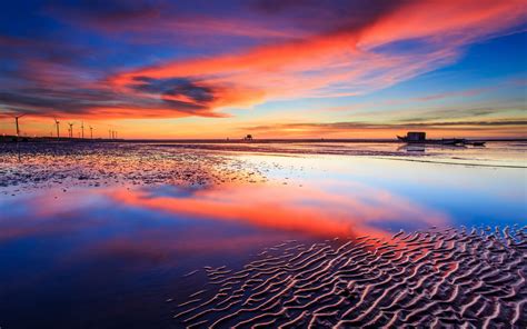 Sea Beach Sunset Boats Red Sky Wallpaper Nature And