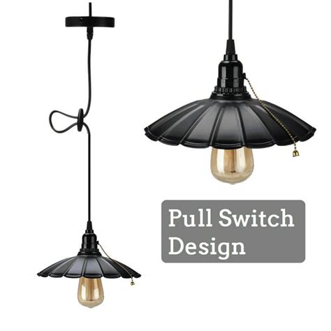 Industrial Pendant Light On Off Pull Chain Black Finish Hanging