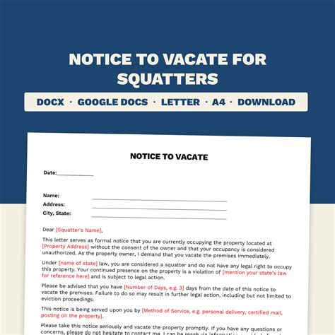 Notice To Vacate Squatter Unauthorized Occupancy Notice Illegal Trespass Notice Microsoft Word