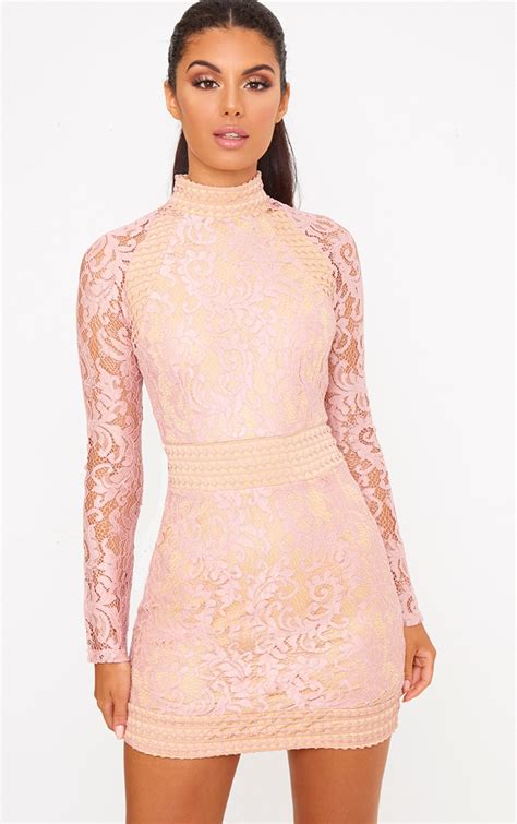 dusty pink lace high neck bodycon dress prettylittlething usa