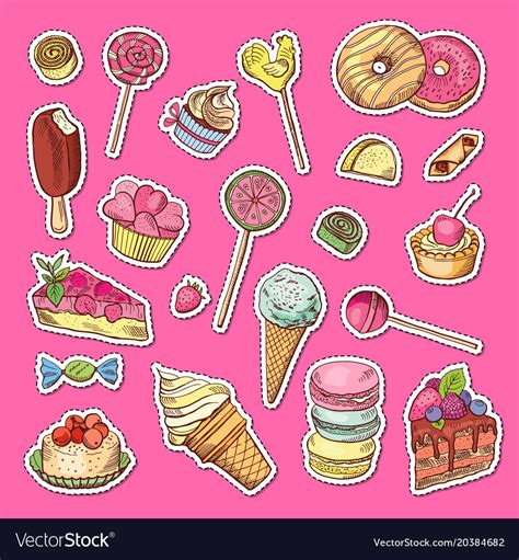 Hand Drawn Colored Sweets Stickers Royalty Free Vector Image
