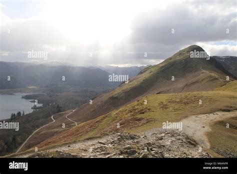 The Scenic View Looking Down From Cat Bells Mountain Towards Derwent Water At Keswick In The