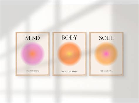 Mind Body Soul Aura Poster 3 Piece Wall Art Aura Energy Spiritual Gradient Set Of 3 Prints Y2k