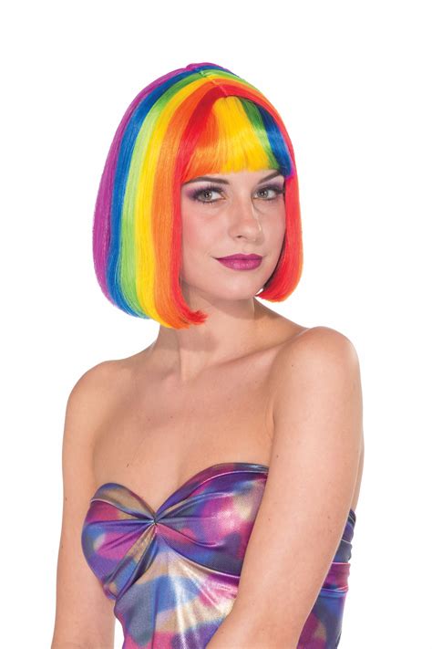 Womens Chic Gay Lesbian Pride Hippie Retro Rainbow Bob Short Costume