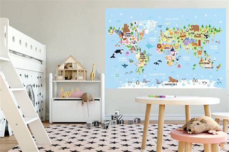 Animal world map wallpaper Kids room decor Playroom map wall art Kid ...