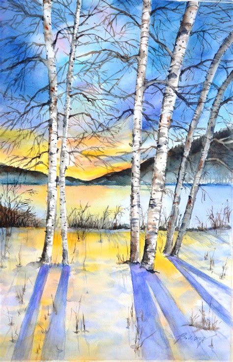 Watercolour Of Winter Scene At Sunset Winter Painting Colour Pencil