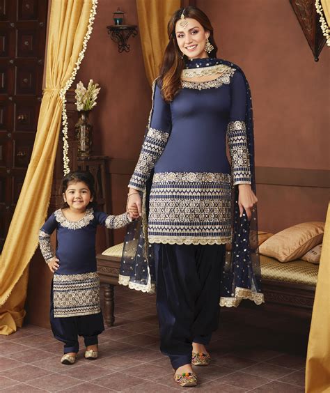 Navy Blue And Gold Embroidered Punjabi Suit Matching Set From Mother Daughter Matching