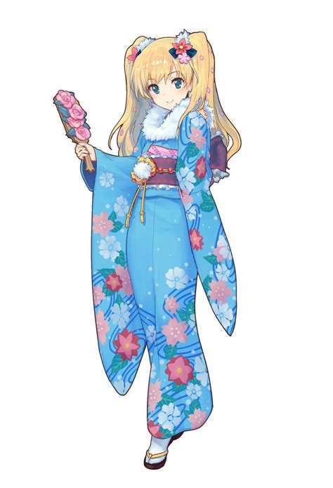 An Anime Character With Long Blonde Hair And Blue Kimono Holding A Piece Of Food