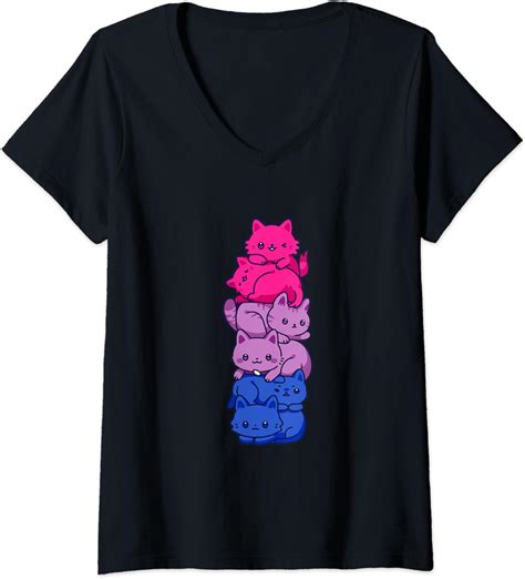 Womens Bi Pride Cat Lgbt Bisexual Flag Cute Kawaii Cats Pile T V Neck T Shirt Uk