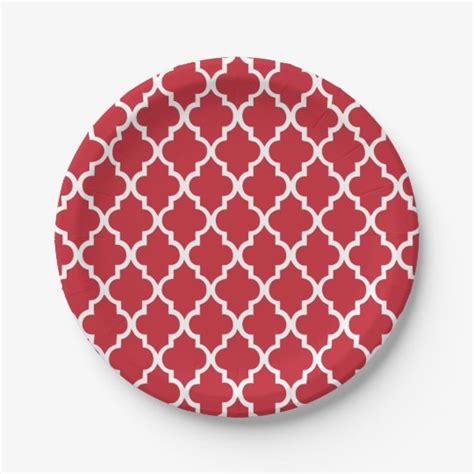 Red Quatrefoil Tiles Pattern Paper Plate
