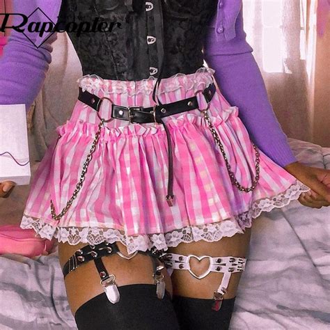 Rapcopter Y2k Pleated Skirts Pink Plaid Mini Skirts Women High Waisted