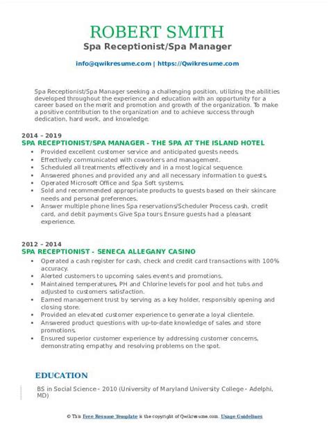 Spa Receptionist Resume Samples Qwikresume