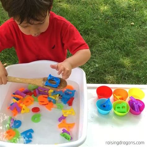 Preschool age starts at the age of 3 and continues all the way until the age of 5 when most children enter kindergarten. Alphabet Soup Toddler Sorting Activity * ages 2-5 | Preschool activities, Sensory activities ...