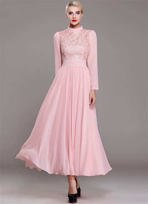 Pink Lace Chiffon Maxi Dress With Stand Collar And Long Sleeves Rm375