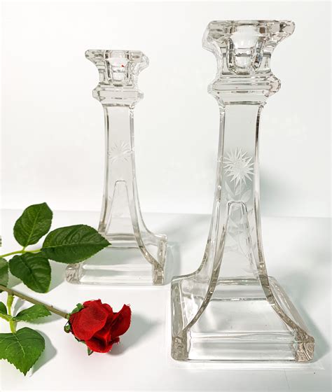 2 Vintage Etched Clear Glass Candlestick Holders Pair Retro Candle