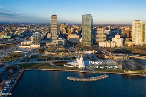 Aerial Panorama View Of Downtown Milwaukee At Sunrise Stock Photo