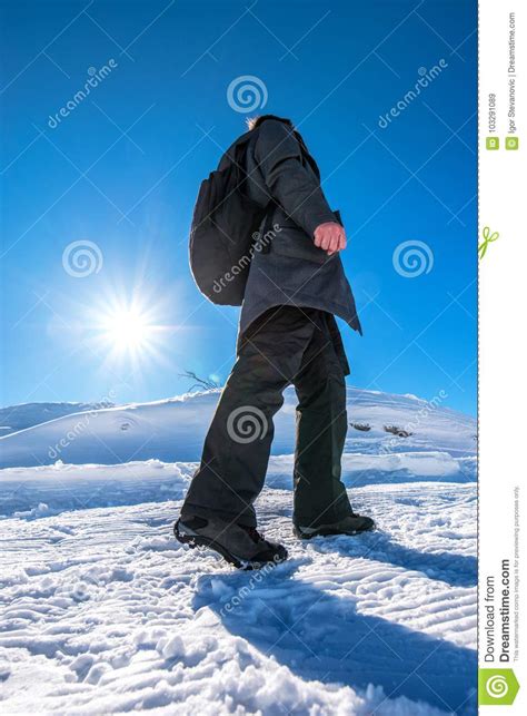 Winter Snow Hiking Woman Walking On Snowy Path Stock Image Image Of