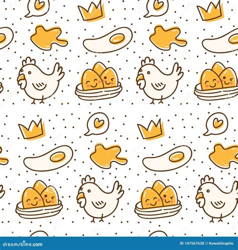 Chicken And Egg Seamless Pattern In Kawaii Doodle Style Vector