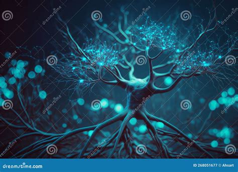 Human Brain With Blue Glowing Connection Made From Roots Of Tree On