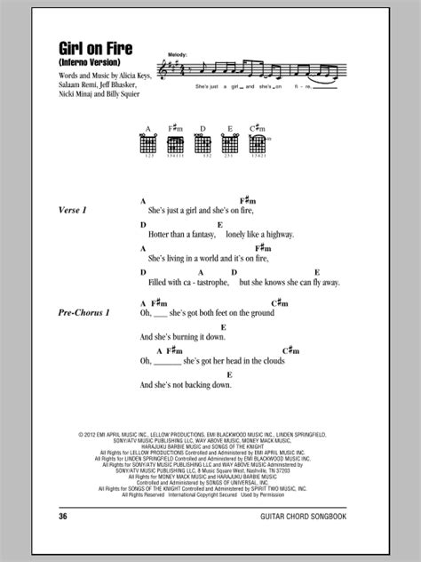 Girl On Fire Inferno Version Sheet Music By Alicia Keys Lyrics And Chords 150327