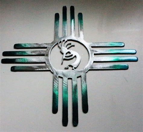 Southwestern Zia With Kokopelli Metal Wall Art Decor 24 Teal Tainted