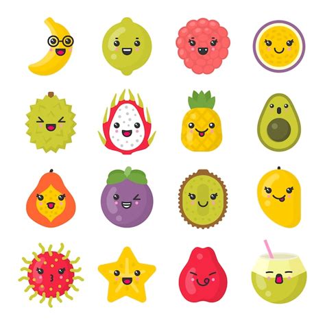 Premium Vector Cute Smiling Exotic Fruits Isolated Colorful Icon Set