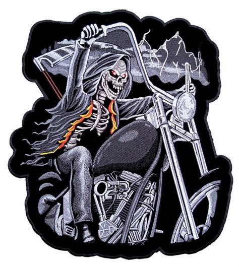 Grim Reaper Riding Motorcycle Embroidered Biker Patch Leather Supreme