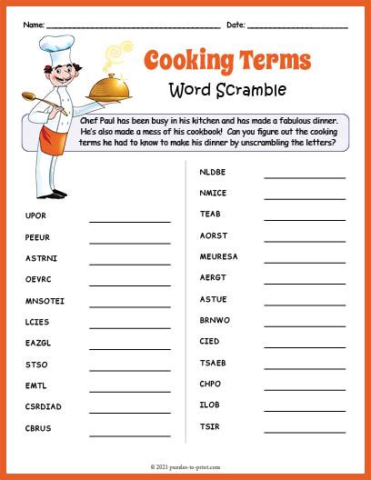 Cooking Terms Word Scramble