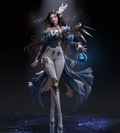 Cifangyi CGi Women Dark Hair Dress Hair Accessories Fantasy Art Glowing Blue Legs Crossed Orb