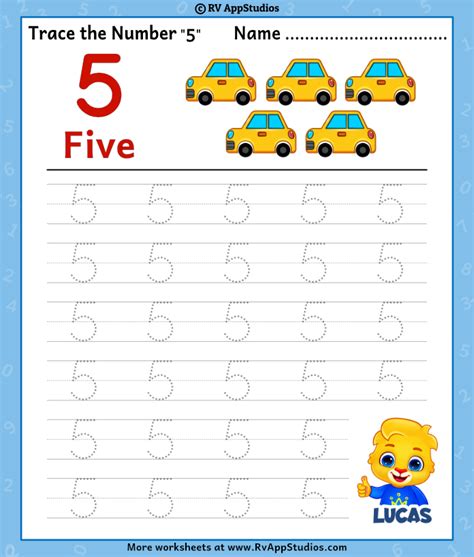 Trace Number 5 Worksheet For Free For Kids