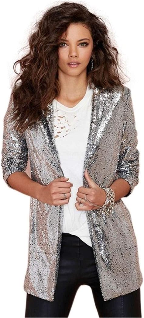 Womens Fashion Lapel Sequin Front Bomber Jacket Ladies Long Glitter