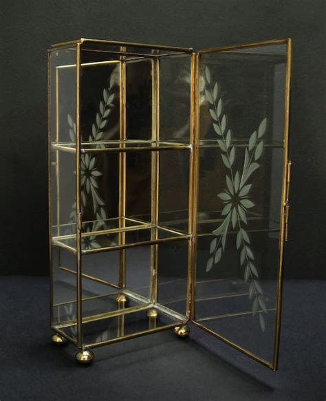 Etched Brass And Glass Mirrored Curio W Shelves Display Case