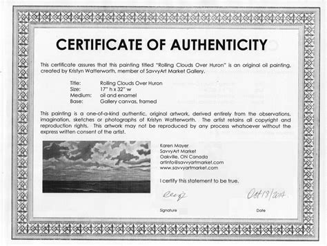 Certificate Of Authenticity Art Template Sample Professionally