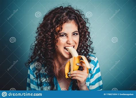 Closeup Portrait Beautiful Woman Making Fun Eating Banana Isolated On