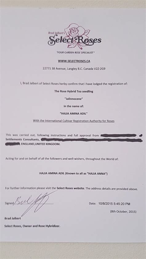 Certificate Of Registration For Hajjah Amina Adil Rose Rose Names