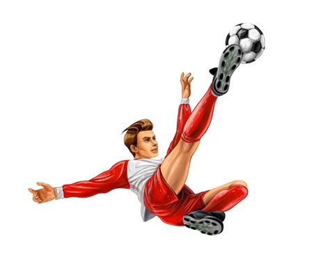 El jugador de fútbol patea la pelota ilustración realista vector de pinturas Vector Premium